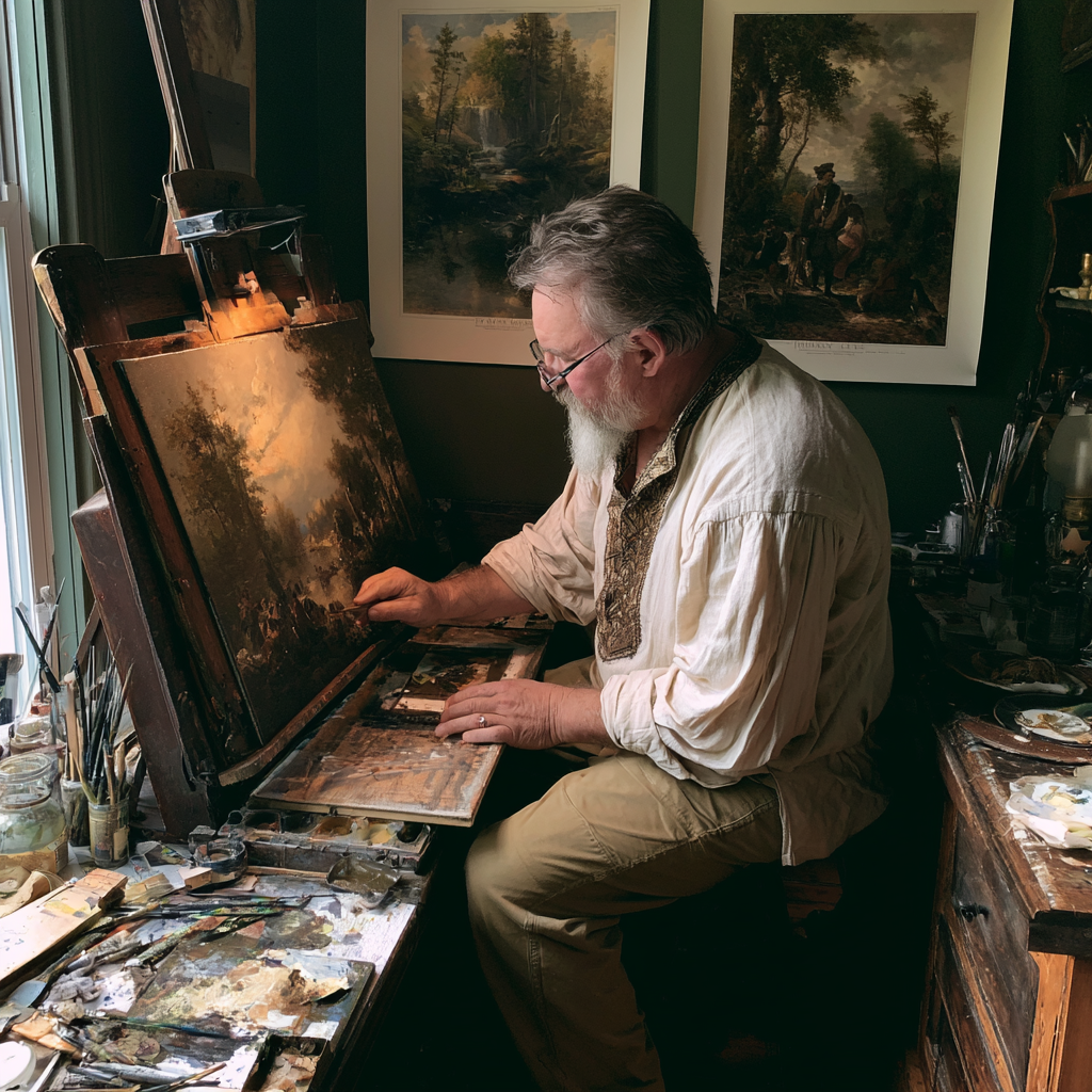 Volodya Potapov working on a painting in his studio